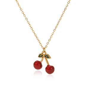 MW New Trendy 18K Gold Plated Stainless Steel Christian Waterproof Pendant Necklace Elegant Fruit Red Cherry Long Chains Women