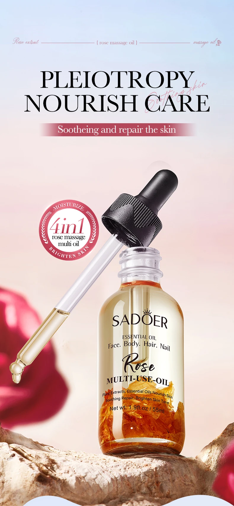 Beauty Products SADOER Organic Plant Fragrant Essential Rose Oil Multi-Use Face Hair Body Care Wholesale Private Label Massage Oil details