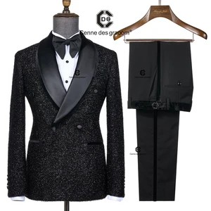 Cenne Des Graoom 2026 Elegant Luxury Black Shining Tuxedo Double Breasted Suits for Men Jacket Trousers 2 Pieces Wedding Party