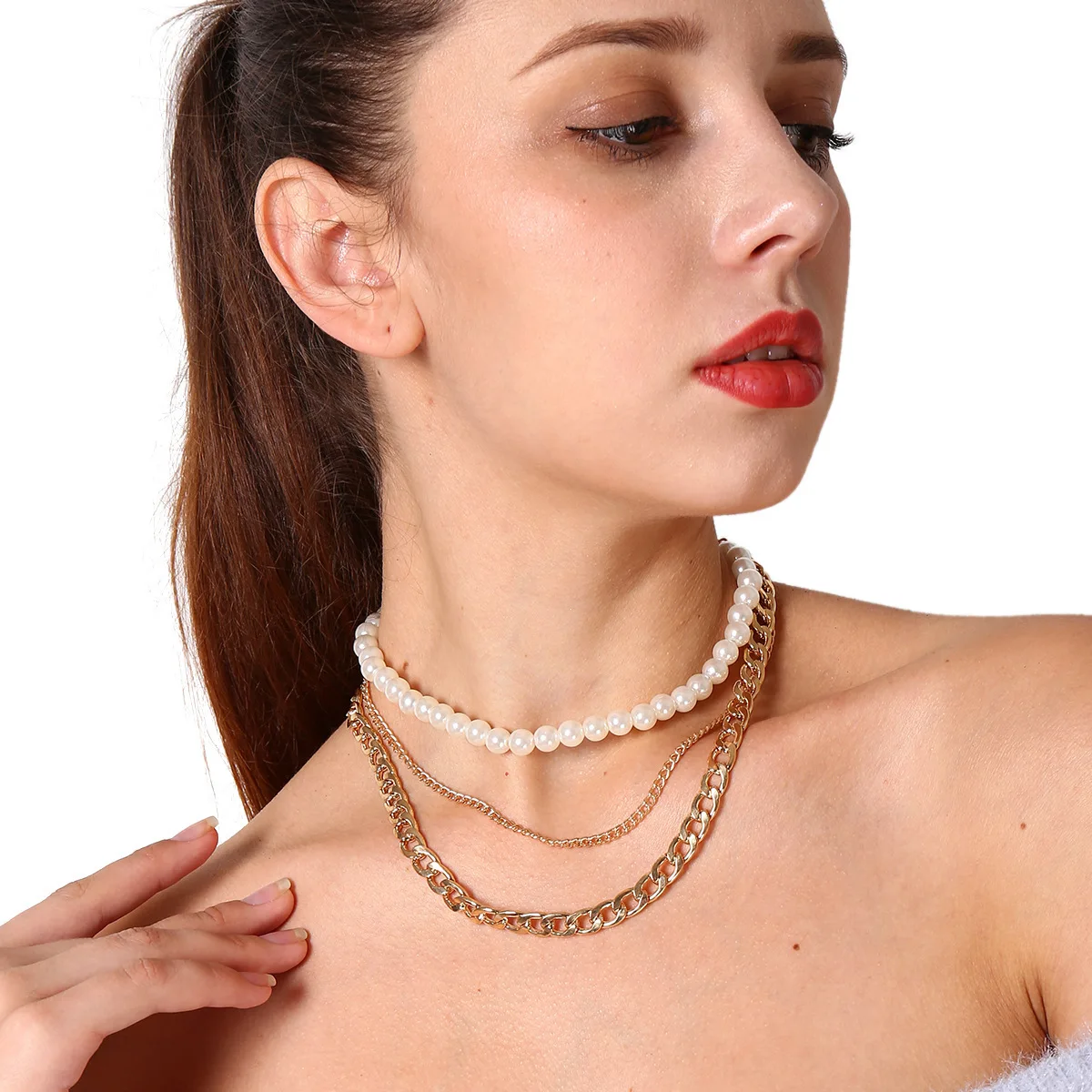 Occident popular personality exaggerated necklace elegant luxurious pearl necklace alloy multilayer gold necklace for Women