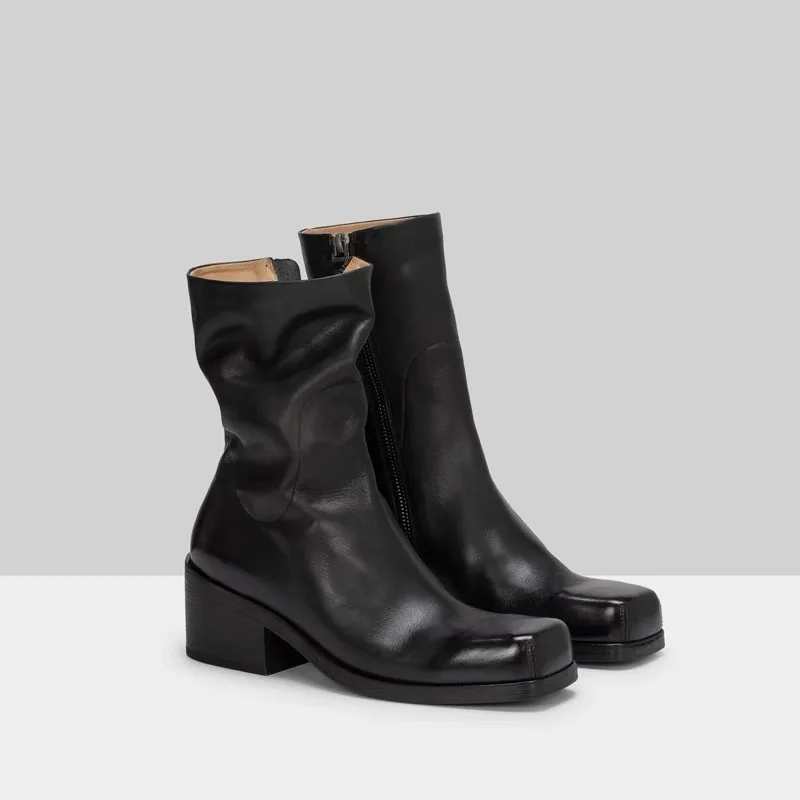 Classic Femme Boot Square Toe Chunky Heel Mid-calf Boots Genuine Leather Casual Zipper Western Women Black Ankle Boots - Image 6