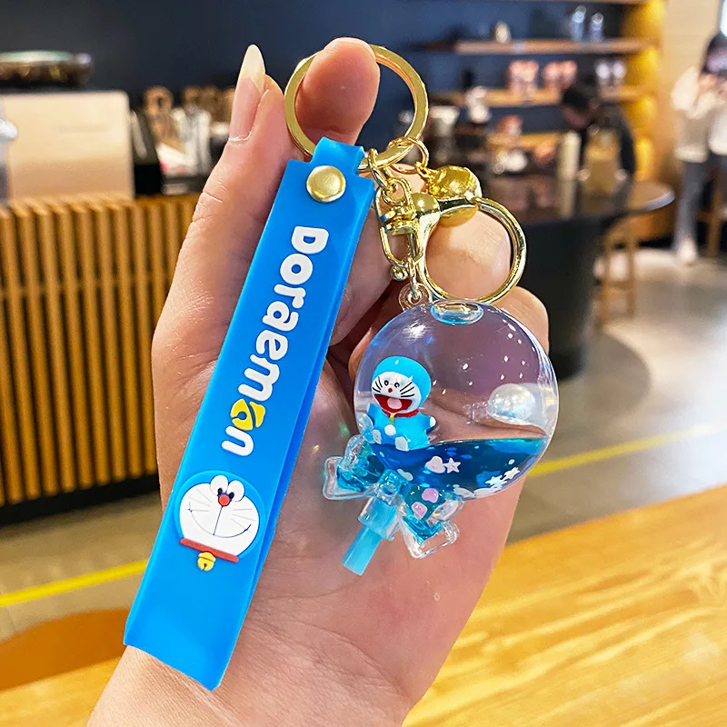 Anime Designer Liquid Keychain Kawaii Boba Llavros Key Ring Plastic Key Chain Cartoon Anime Doraemon Bottle Floating Keychain