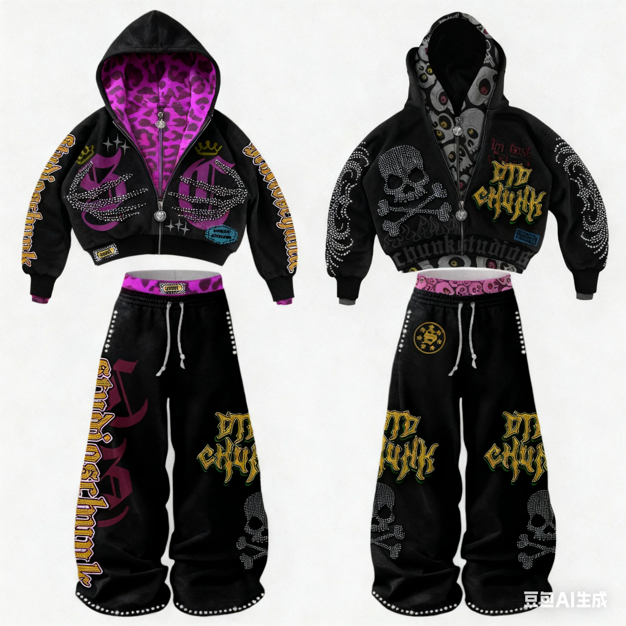 Customized Streetwear Baggy Hoodie and Stacked Double Waist Pants Set Acid Wash Tracksuits Rhinestone DTG Printed Sweatsuits gallery 2