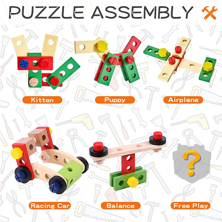 Joydom Wooden Tool Set for Kids, Wooden Tool Box with Colorful Tools, Creative DIY Wooden Toys Educational Construction for Todd
