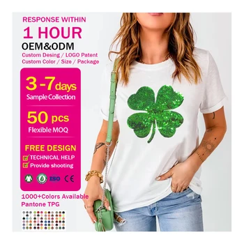Wholesale Custom Logo Sequin Clover Patch Graphic St Patrick Fashion Women Tee Short Sleeves Oversized t Shirt Women