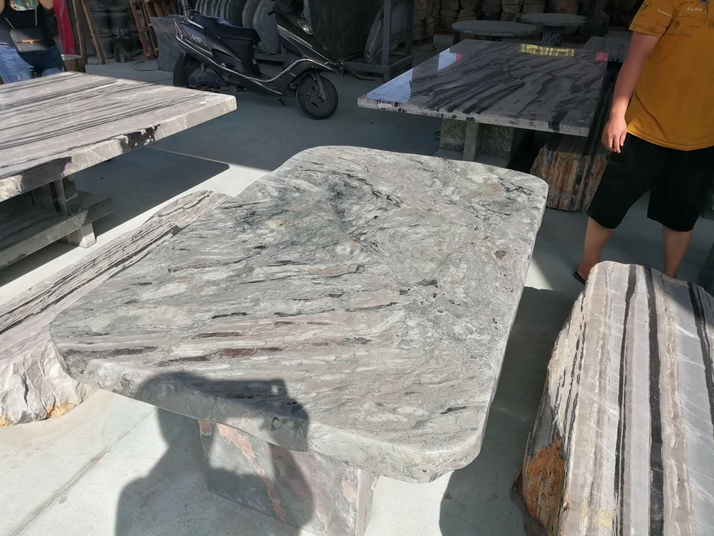 Natural Dragon Jade Marble Stone Table And Chair Sets Marble Benches For Outdoor Garden And  Patio