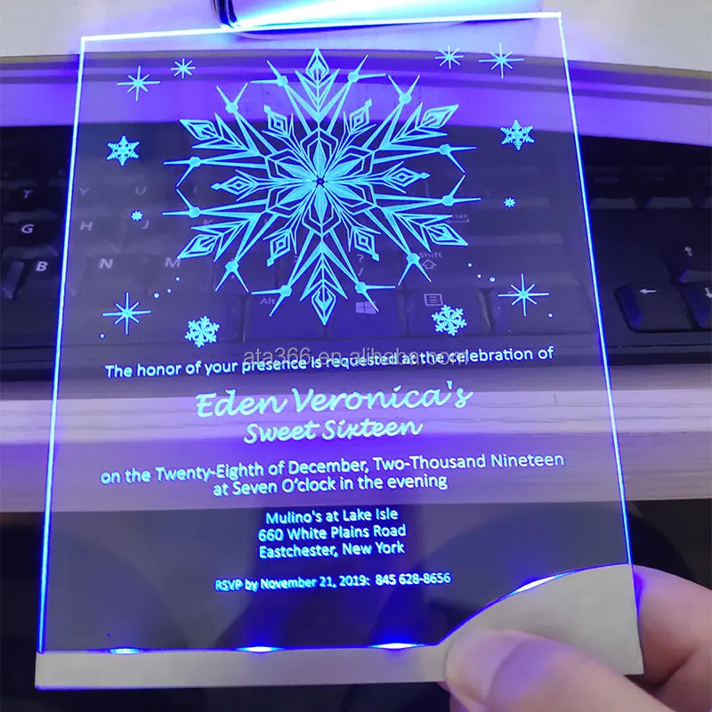 1 Luxury LED Invitation Card Custom Unique Acrylic Light Wedding Card with Envelope Box Laser Cut Wedding Invitation Card