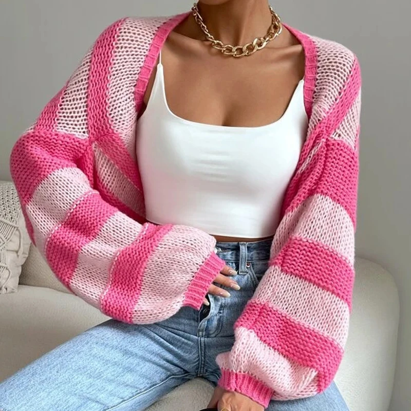 Spring Women's Thin Striped Cardigan Knitted Custom Crop Top Oem Knitwear Two Colour Sweater Design