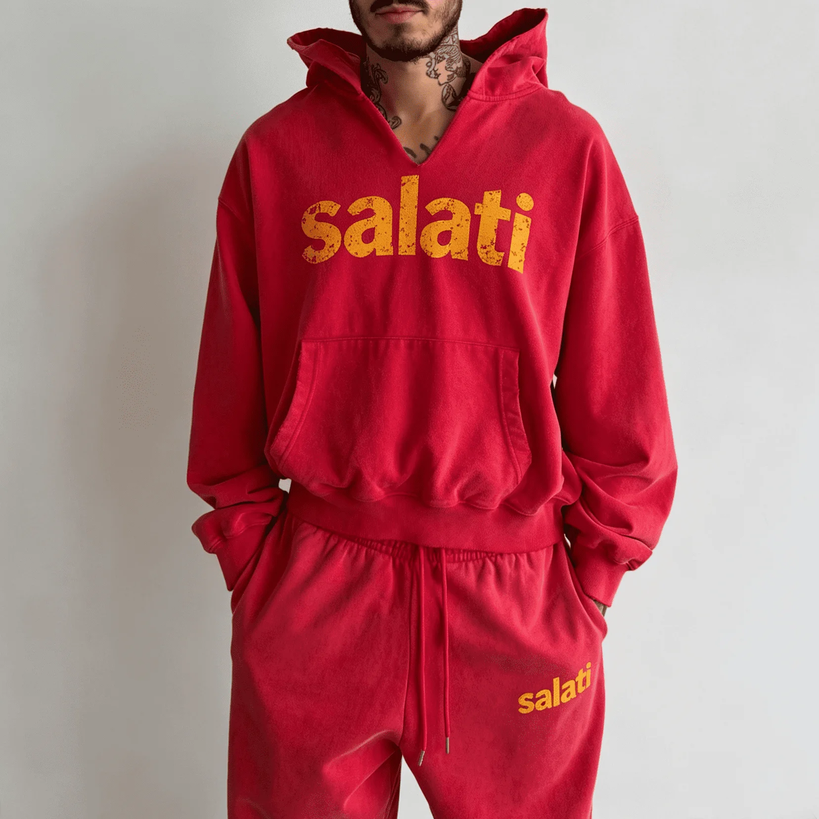 Bulk Supplier Red Vintage Washed Hoodie Chest Print Sweatpants Two Piece Relaxed Fit Casual Men Tracksuit Set