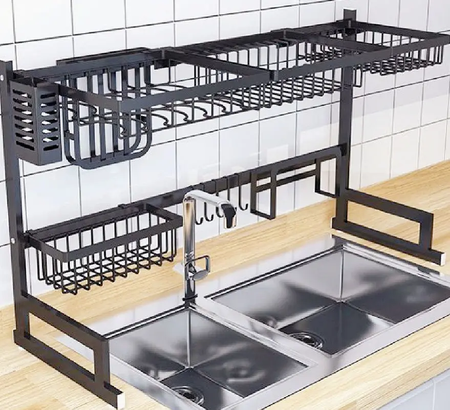 Black Drying Kitchen Racks Metal Sink Dish Drainer Rack Stainless Steel Over The Sink 85cm Storage Holders & Racks Multifunction