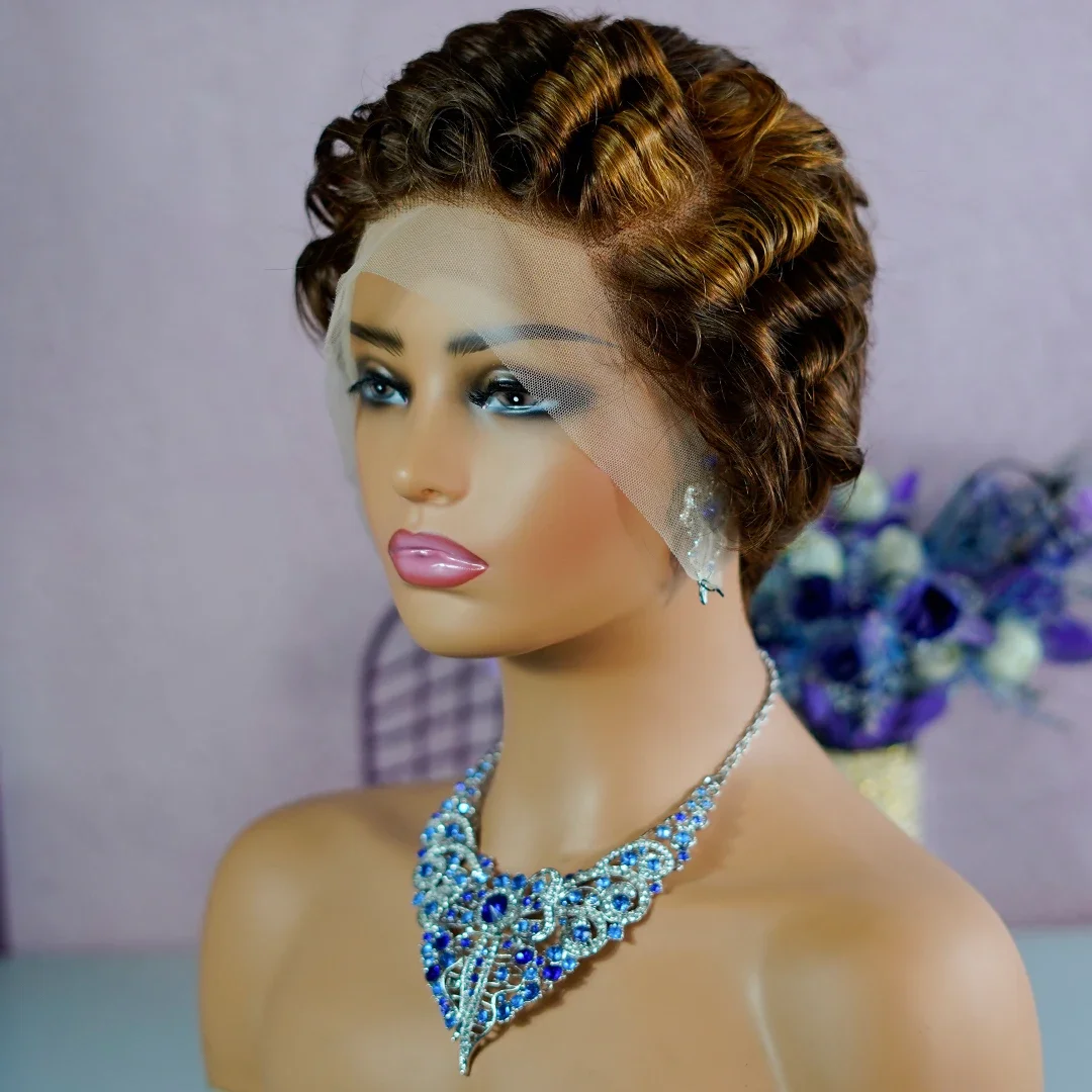 P4/30 Highlight Pixie Curly 13*4 Lace Frontal Human Hair Wig Indian Short Bob Wig_voghion.com