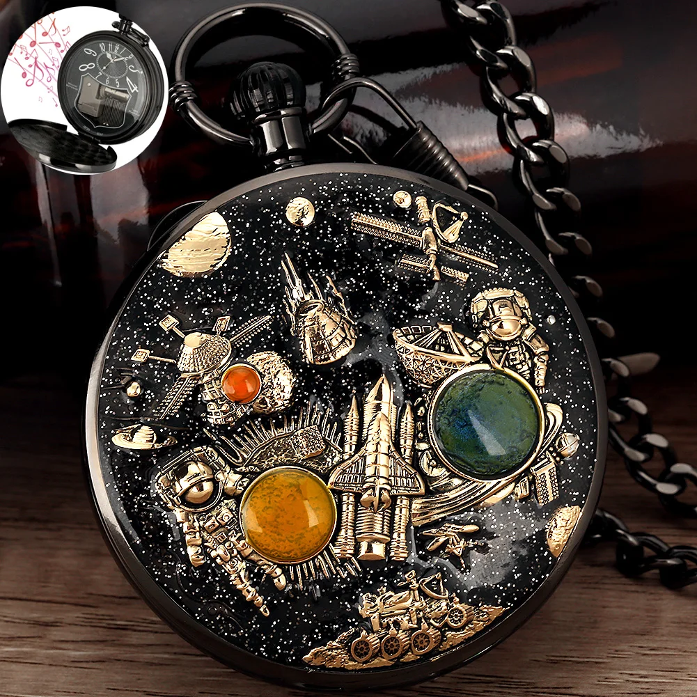 Space Series Music Pocket Watch Original Men Quartz Chain Clock Women Music