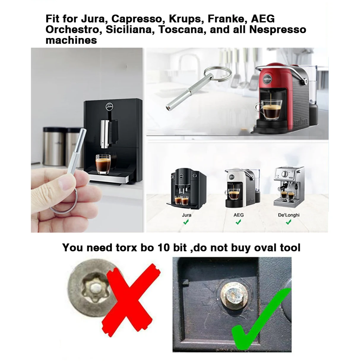 Chiave A Testa Ovale Ovale Punta A Vite A Testa Strumenti di Sicurezza Macchine Caffè Chiave Di Riparazione Della Macchina Del Caffè con 6 Anelli Di Gomma E Portachiavi per Macchine Caffè A Casa E Bar