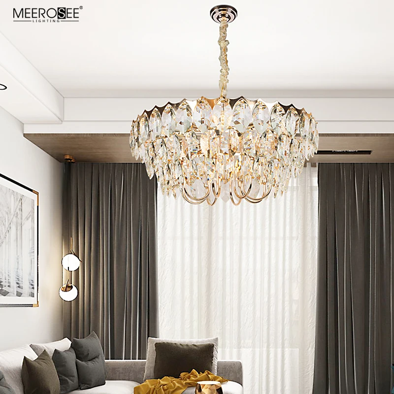 MEEROSEE K9 Crystal Leaf Pendant Light Modern Chandeliers Sitting Room Lighting Hanging Lights for Living Room MD86800