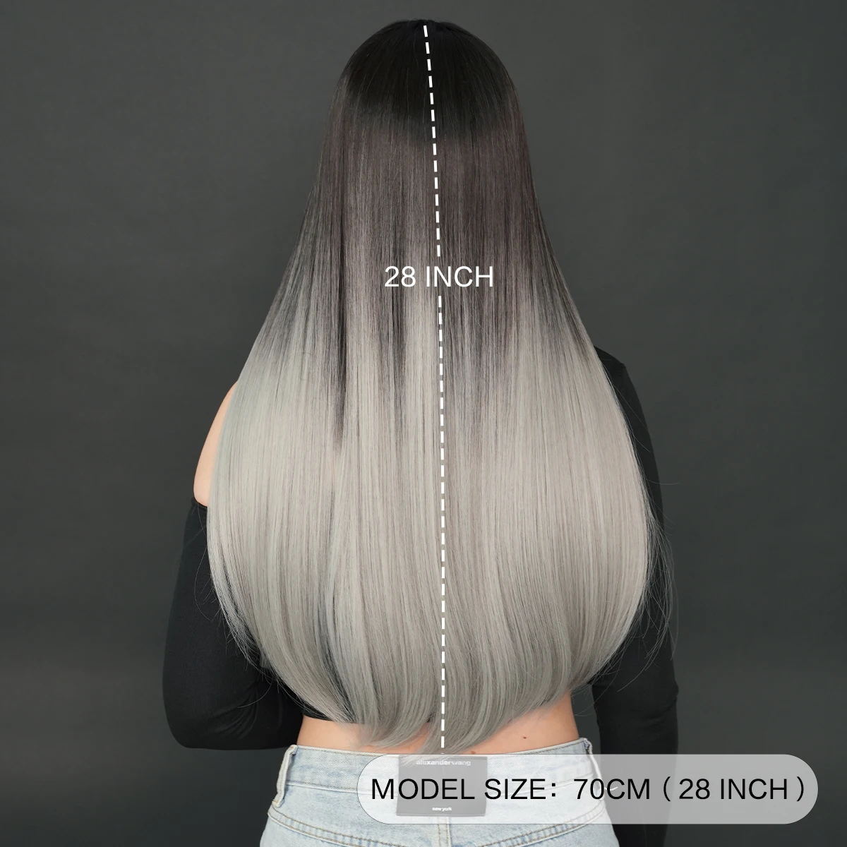 Long Straight Grey Black Wig with Bangs - 28in Ombre display picture 1