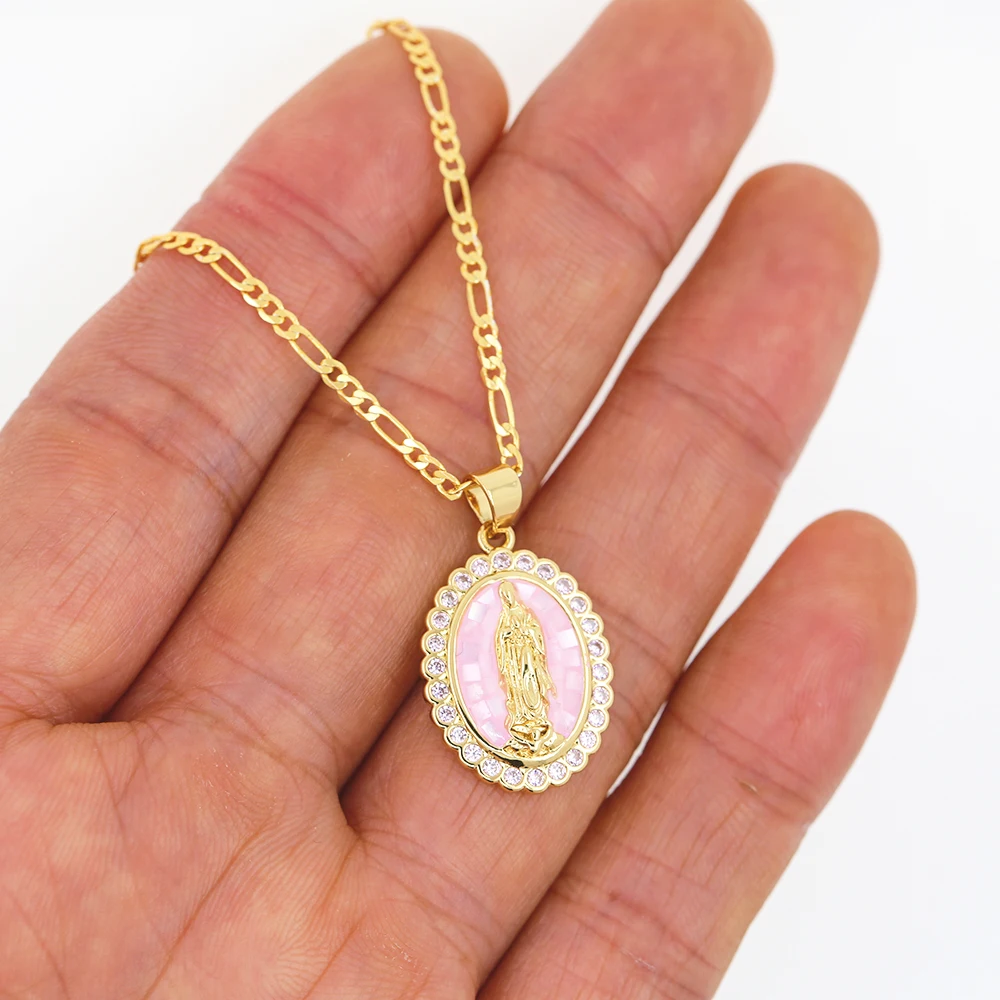 24K Gold Plated Virgin Mary Pendant Necklace with Colorful CZ