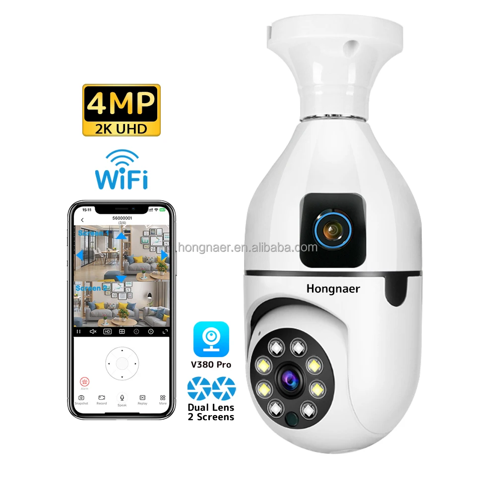 HongnaerスマートWiFiワイヤレス4MP2KE27電球監視セキュリティIPカメラデュアルレンズV380Pro WiFi360度CCTV電球カメラ|  Alibaba.com