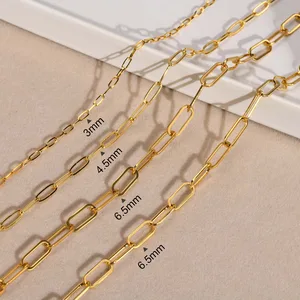 Factory Wholesale Gold Plated Stainless Steel Chains Multiple Sizes 3-6.5MM Wide Square Frame Hollow Paperclip Link Necklace