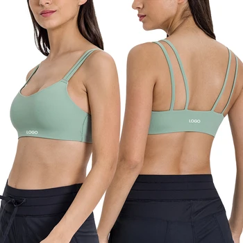 AW078DQ Women Sexy Double Strap Bra Ribbed High Impact Summer Spring Sports Yoga Bra Padded Shockproof Workout Tops Activewear