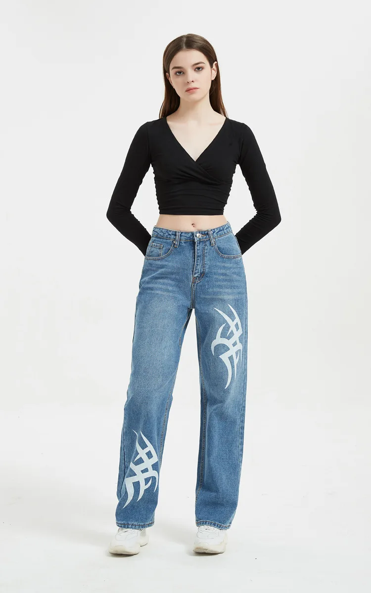 Custom Denim Straight Leg Pants Printed Fabric Denim Jeans Femmes Women's Pants Women Jeans