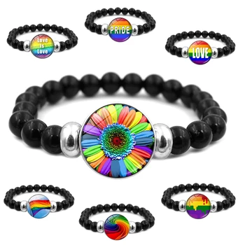 Black Bead Bracelet with Glass Rainbow Patterns for Gay Lesbians Pride Fashion Wristband for Transgender Lgbt Team Bracelet