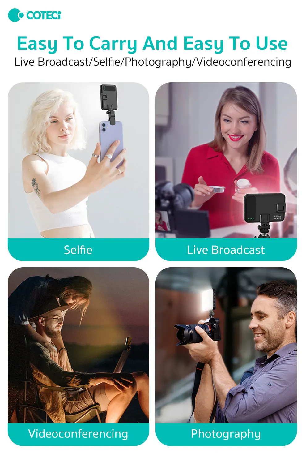 COTECi Portable 10 Warm Natural White Tri-Color Aurora Dark Dimming Fill Light for Phone Photography Selfie Source Power-Volta