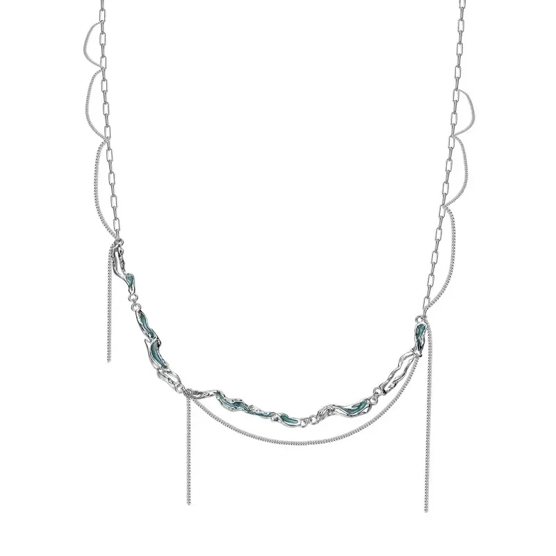 Mint Blue Chain Tassel Collar Necklace Women's Ice Lake Series S925