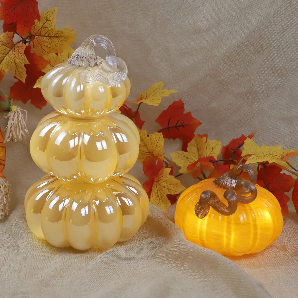 Fancy Hand Blown Glass Pumpkin Set Of 3 With Shiny Led Lights Beautiful Home Garden Halloween Ornament Artificial Thanksgiving manufacture