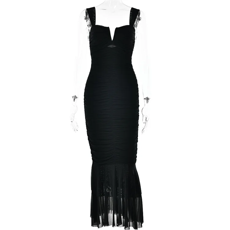 2024 New Design Wholesale Solid Color Pleated Fishtail Dress Ladies Sexy Suspender Patchwork Maxi Dresses