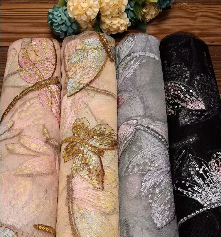 Factory Custom Stock Lot Cheaper African Dragonfly Design   Mesh Embroidery Lace Fabric With Sequins for Dress