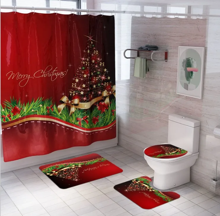 Ensemble Rideaux Douche Noël 4 Pièces – Tapis, Couvre-Toilette, Contour, Thème Festif