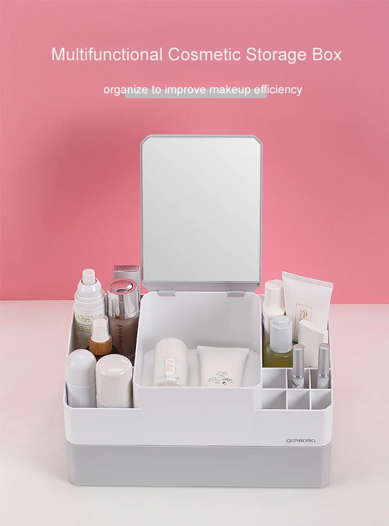 Multipurpose Cosmetics Makeup Organizer Plastic Storage Box With Mirror