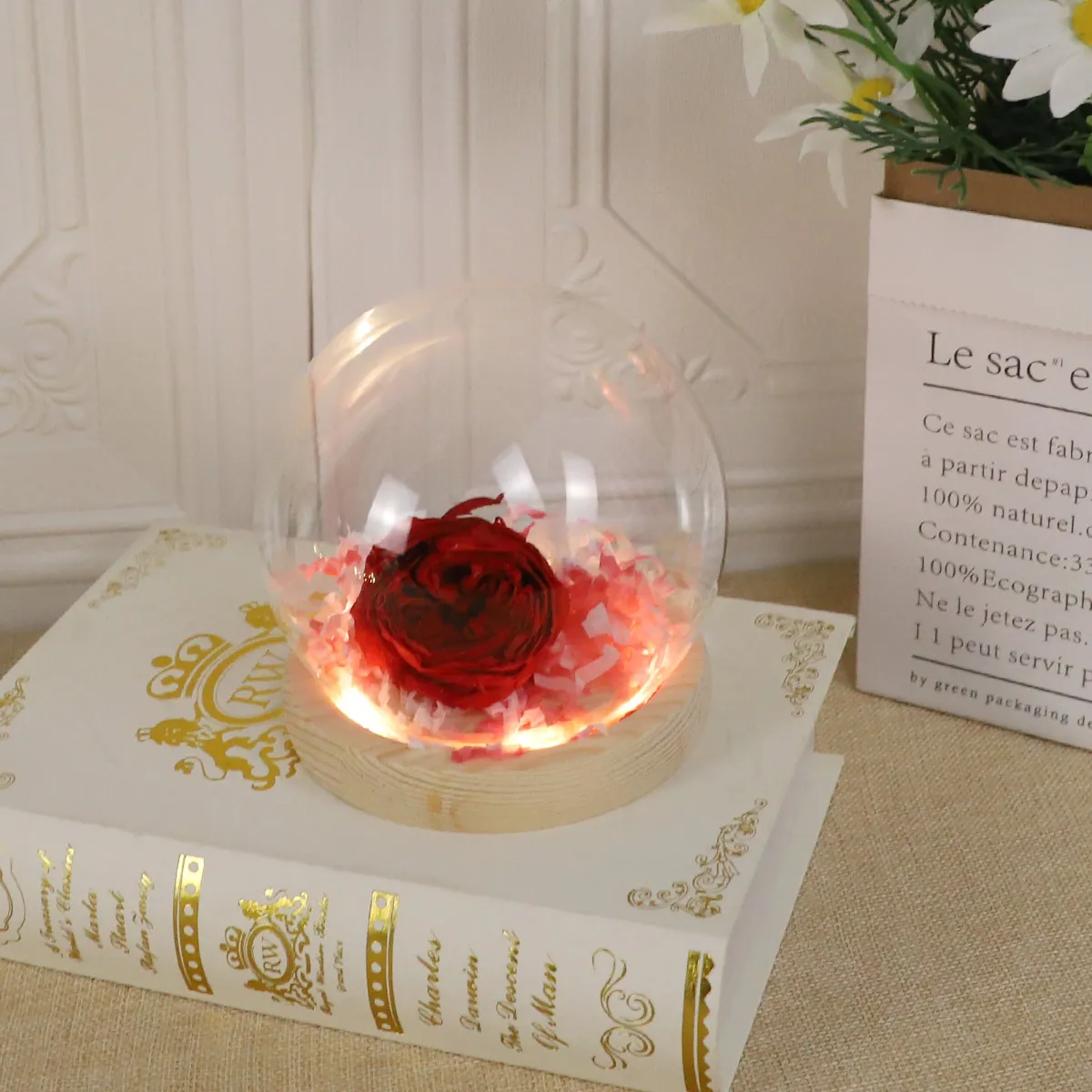 Handmade tabletop display round dome cloche with wooden led lights  Bell Jar Ornaments wholesale