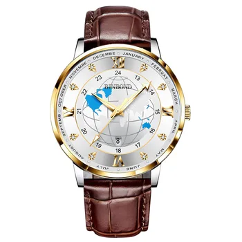 2023BINBOND new Snap on lock waterproof watch real belt globe fashion trend light luxury calendar men's watch