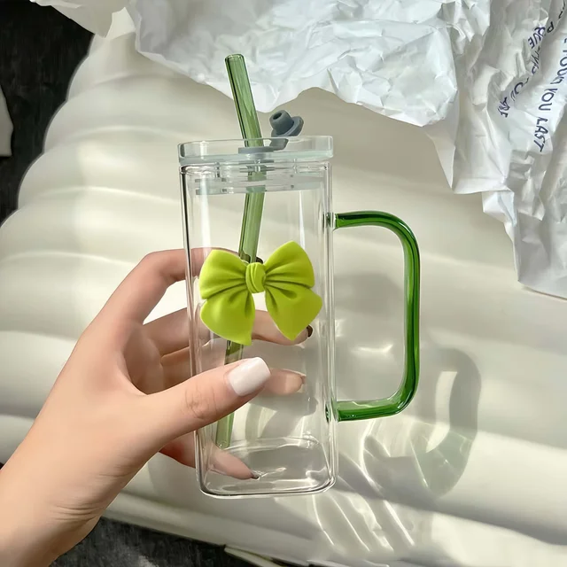 New high color value straw cup ins style green bow glass cup with lid double wall glass cup