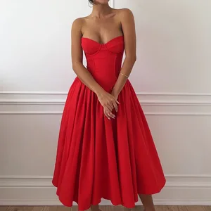 STOCK Plain Strapless Women Dress Zipper Back Underwire Midi Prom Evening Dress XS-L