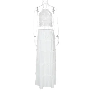 Ladies Summer Solid Two-Piece Dress Knitted Halter V-Neck Sleeveless Midi Skirt Button Waist Navel Blouse Lace up Decoration