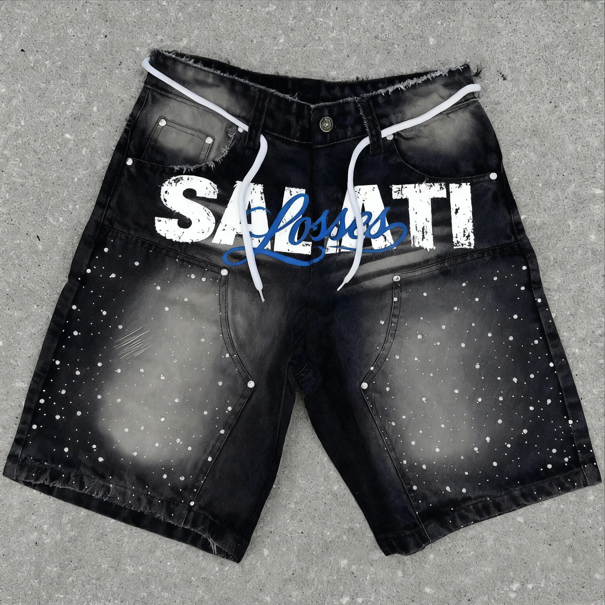 Custom Streetwear Denim Shorts Distressed Embroidery Patch Rhinestone Flared Jorts Jeans Shorts Men