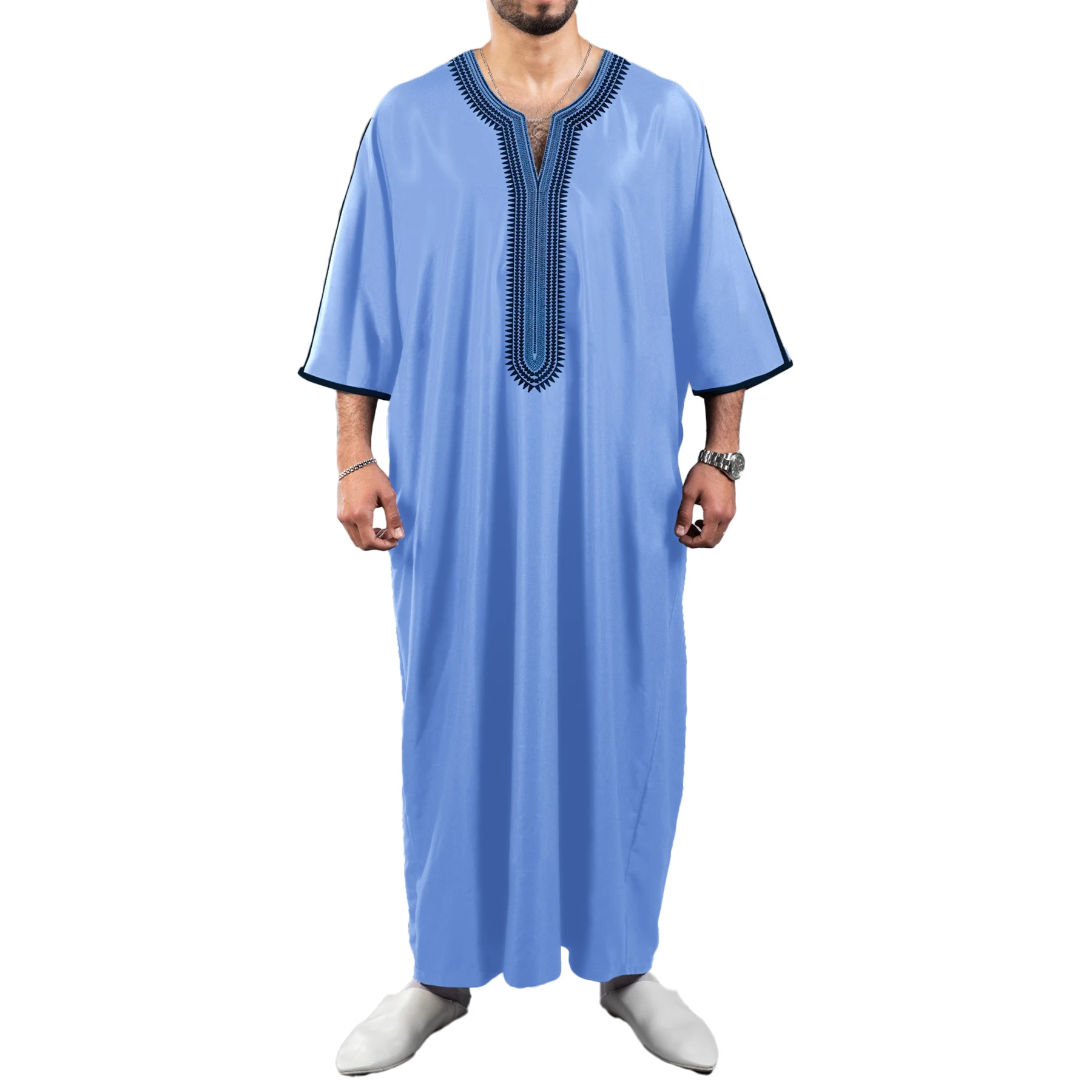 Caftan Homme Coton Lin - Robe De Prière Islamique Thobe Marocain - Tunique Afro Arabe Style Afghan