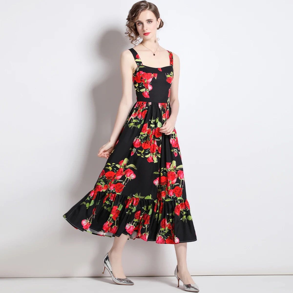 New Black Multi Color Rose Floral holiday Dress