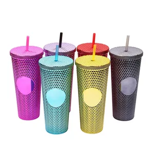 D52 Plastic Cups with Lids and Straws Large Capacity Studded Electroplated Water Cup 710ml Transparent Plastic AS Durian Cup