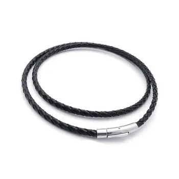 3/4mm Twisted Braided Rope Black genuine Leather Cord Chain Necklace Making with silver clasp