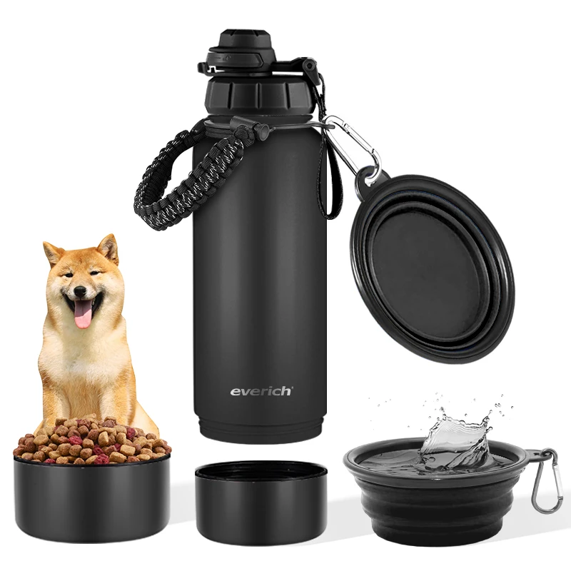 32oz Double Wall Stainless Steel Dog Water Bottle with Rounded Bowl 2-in-1 Multifunction Pet Travel Bottle for Outdoor Use