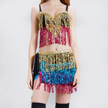 Women Shiny Sequins Tassels Carnival Rave Performance Belly Dance Costume Halter Bra Tops with Hip Scarf Wrap Skirt Set