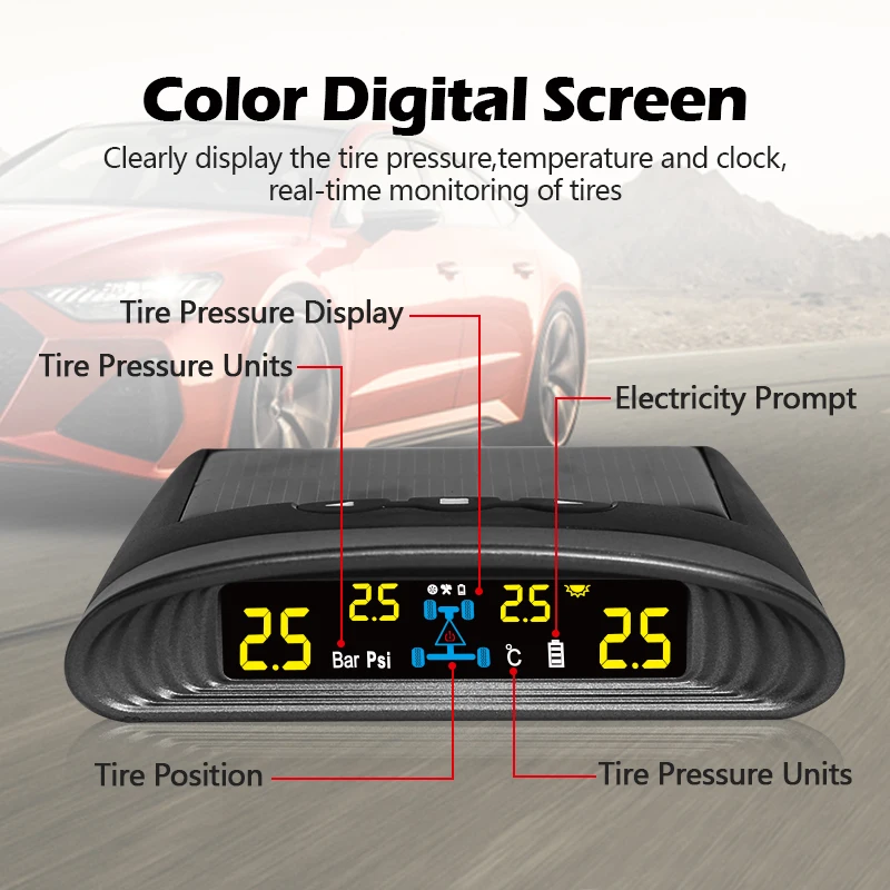 SPY V10 Digital Tire Gauges with Internal Sensor Solar Power TMPS Tire Pressure Monitoring System LCD Display Tire Gauge