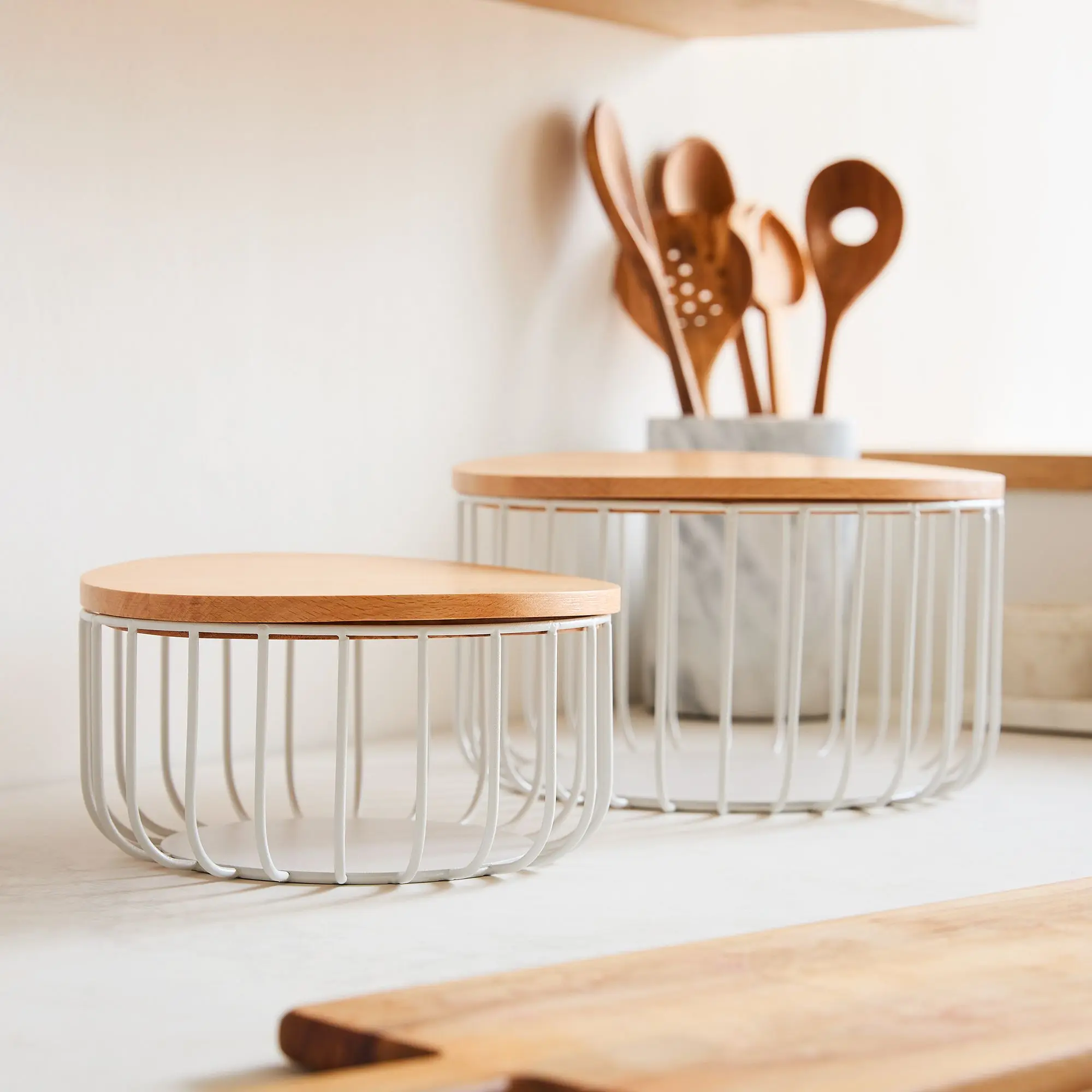 Durable Set of 2 Metal and Wood Storage Basket, Fruit and Onion Tomato Potato Basket