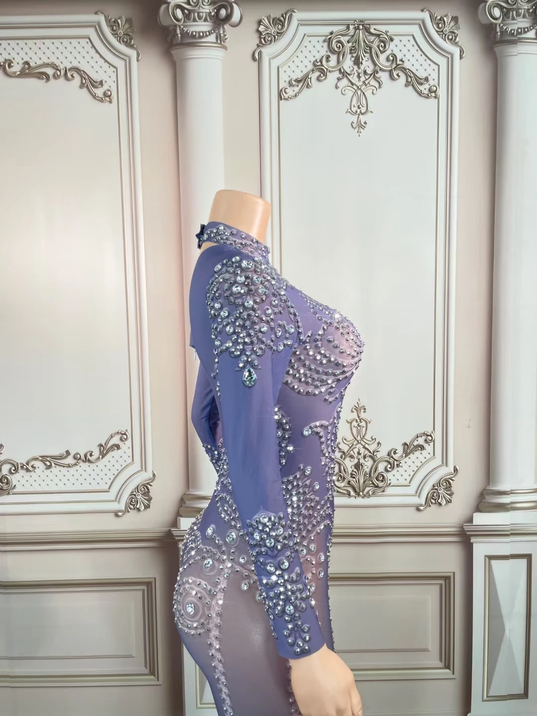 Sexy See Through Mesh Purple Rhinestone Bodycon Birthday Party Gown Ladies  Long Club Prom Dress Banquet Women Evening Dresses