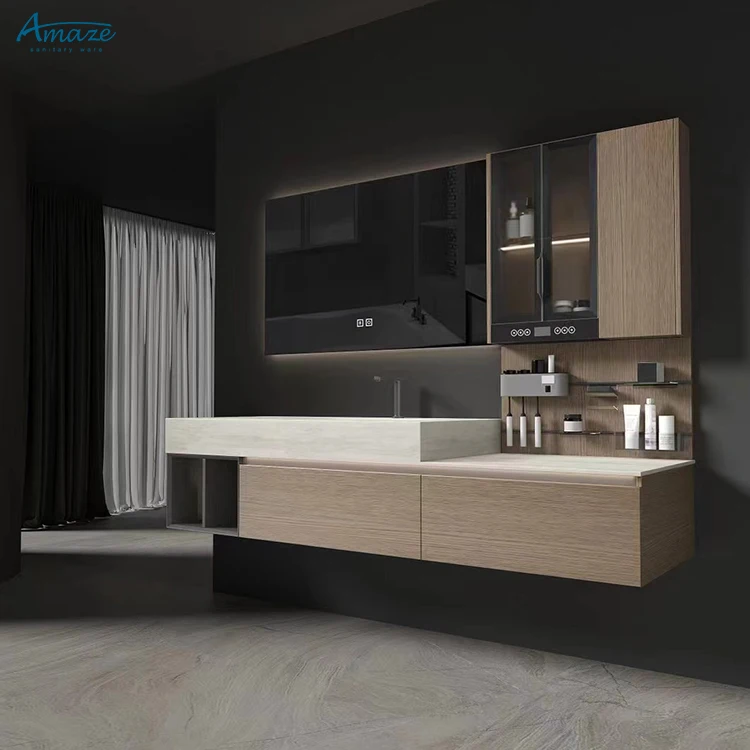 Modern simple design customize bath wall mounted furniture bathroom mirrored vanity cabinet with ceramic sink manufacture