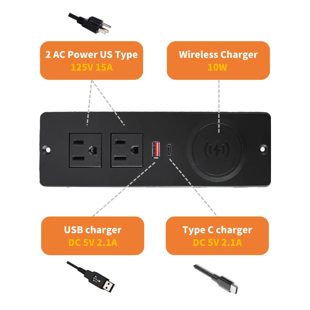 Recessed Desktop Outlet Power Strip With Usb 10w Wireless Charging Station With 2 Sockets + 2