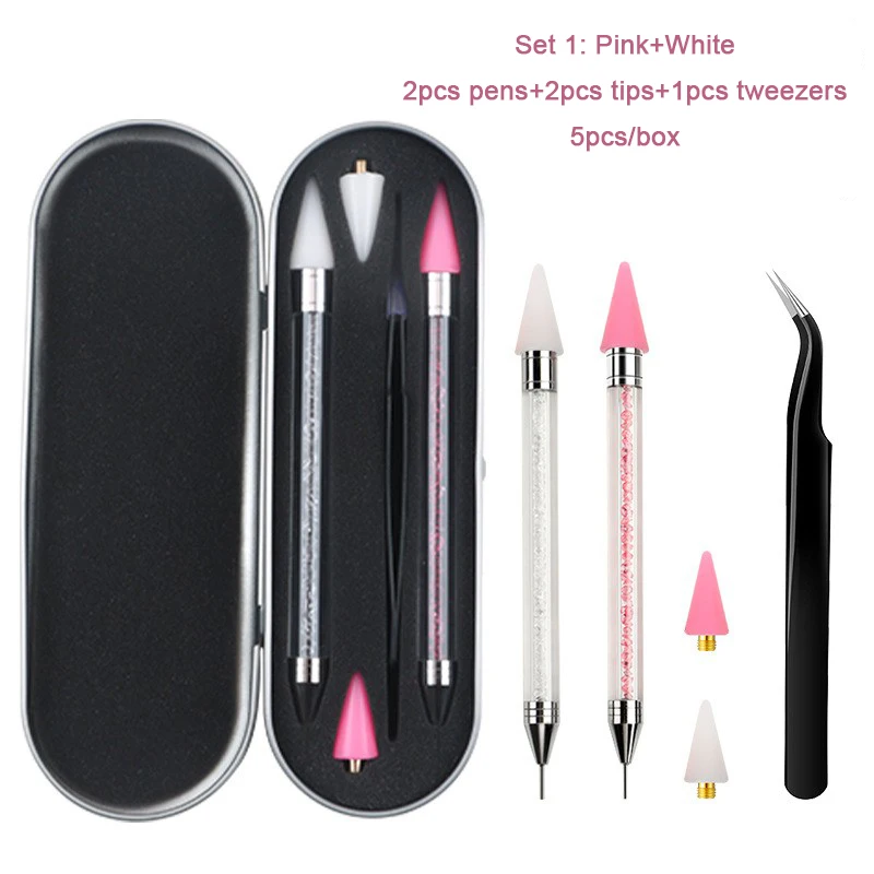 5pcs Double Head Acrylic Rhinestone Picker Wax Pencil Nail Art Dotting